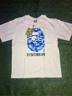 Bape White T-Shirt with Blue Camo Ape Head Graphic
